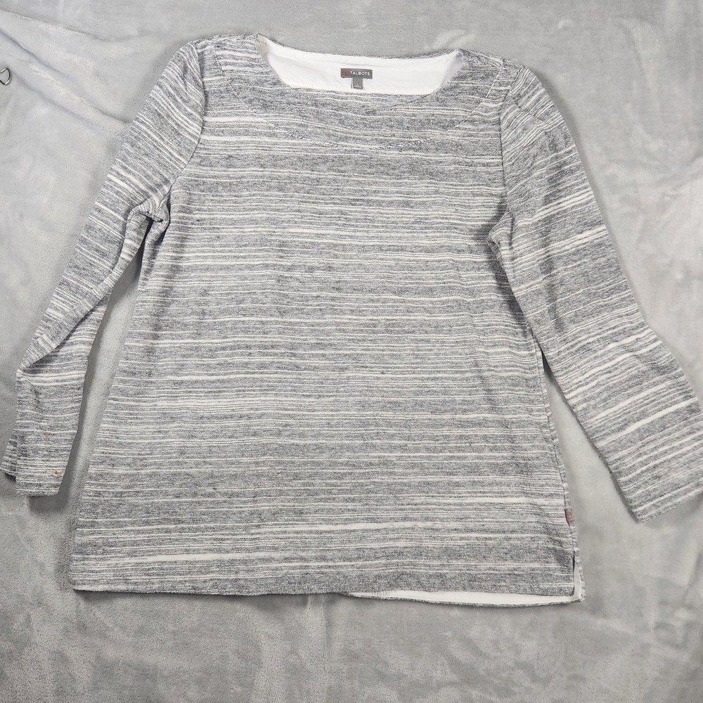 T By Talbots Women's Gray Terry Cloth Boat Neck Top L Coastal Grandma Classic